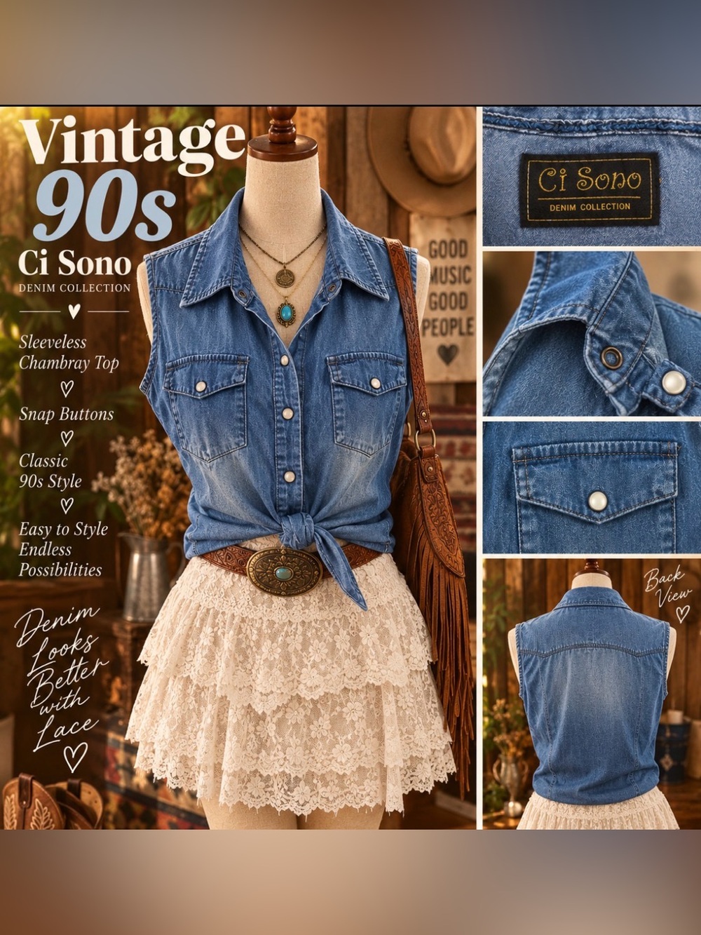 Vintage 90s -Ci Sono-Blue /Denim Tie-Front Sleeveless chambray snap Button top